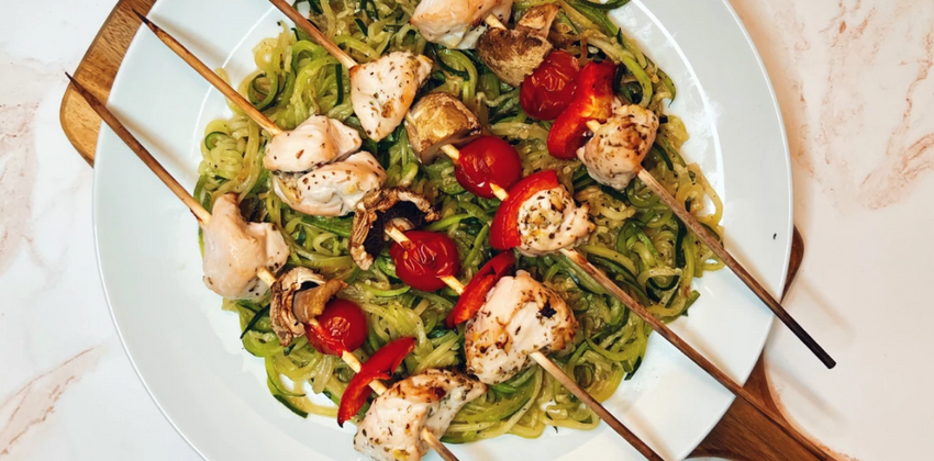 Bariatric Recipes - Chicken and Veggie Kabobs Over Zoodles